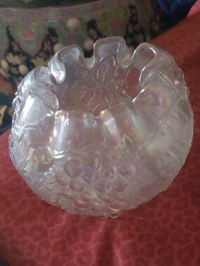 Iridescent Glass Dugan grape  Vase with Ruffled Rim Carnival Glass Rose Bowl.